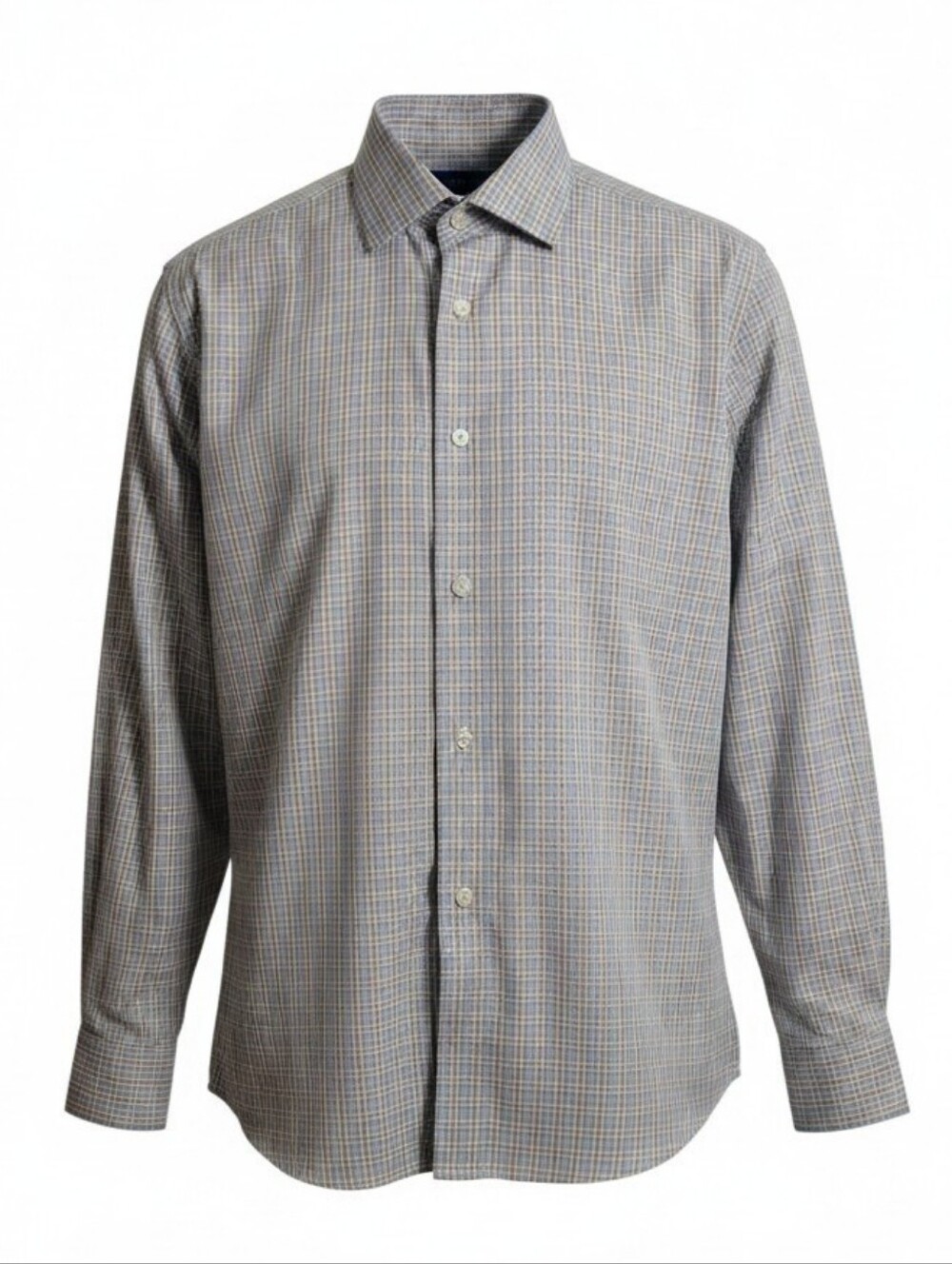 Egara men's size medium tan blue white plaid non iron button down dress shirt